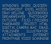 windows word quicken powerpoint excel acccess ebay selling quickbooks deamweaver photoshop outlook files/folders pagemaker project html digital camera mac email publisher illustrator atachments internet frontpage visio scanning