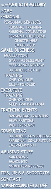home personal personal services  personal training personal consulting personal help desk onsite help email help small business evaluation staff assessment efficiency review business set up training one-on-one desk-to-desk executive training  one-on-one geek translation training events brown bag training ebay parties web presence consulting business consulting personal consulting emergency 911 amusing stuff cartoons email etc. computer revenge tips lies & shortcuts contact damnedcomputer stuff